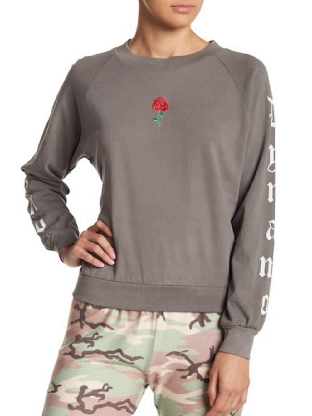 Wildfox Dynamo Junior Embroidered Rose Sweatshirt Top Gray Size Large NEW